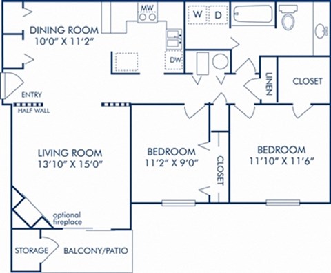 Floor plan for 2 beds, 1 bath, 944 sqft